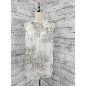 CobbleStone Italy Women White Grey Floral Silk‎ Sleeveless Tie Neck Blouse M